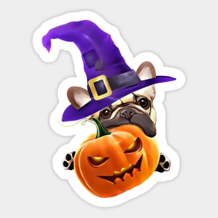 French bulldog, witch hat, scary halloween, jack pumpkin, spooky Sticker